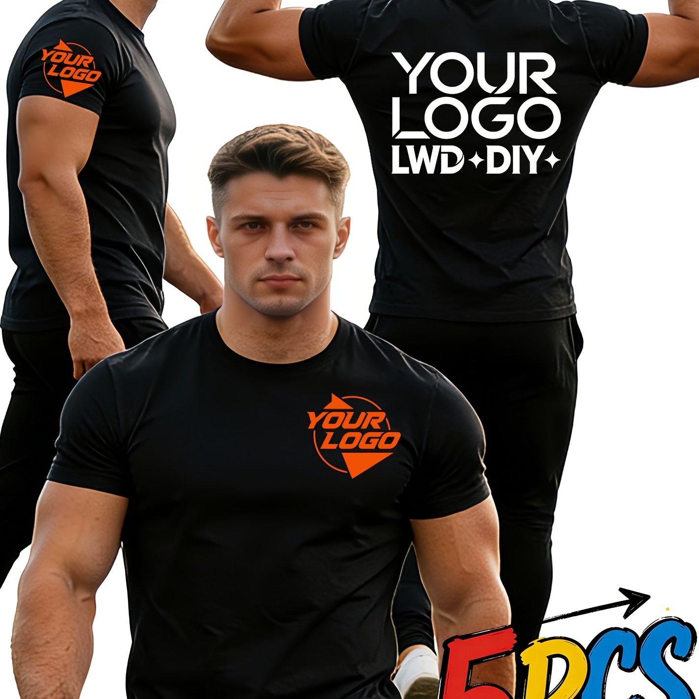 TEMU 5pcs Pc Men's Quick-dry Custom Logo T-shirts - Bulk Order Suitable For Running, Gym, Swimming | 3-section Printing (chest, Cuffs, Back) |