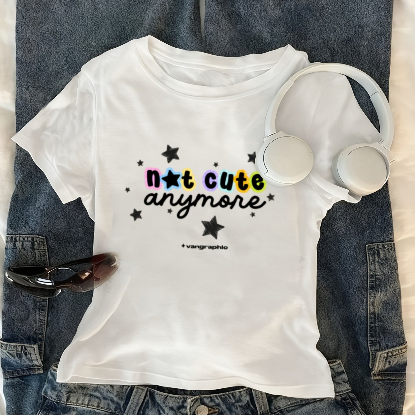 TEMU Women's Short-sleeved Not Cute Star English Letter Print Pattern One-piece Women's Short T-shirt Navel Short-sleeved Sweet Cool Color-blocking