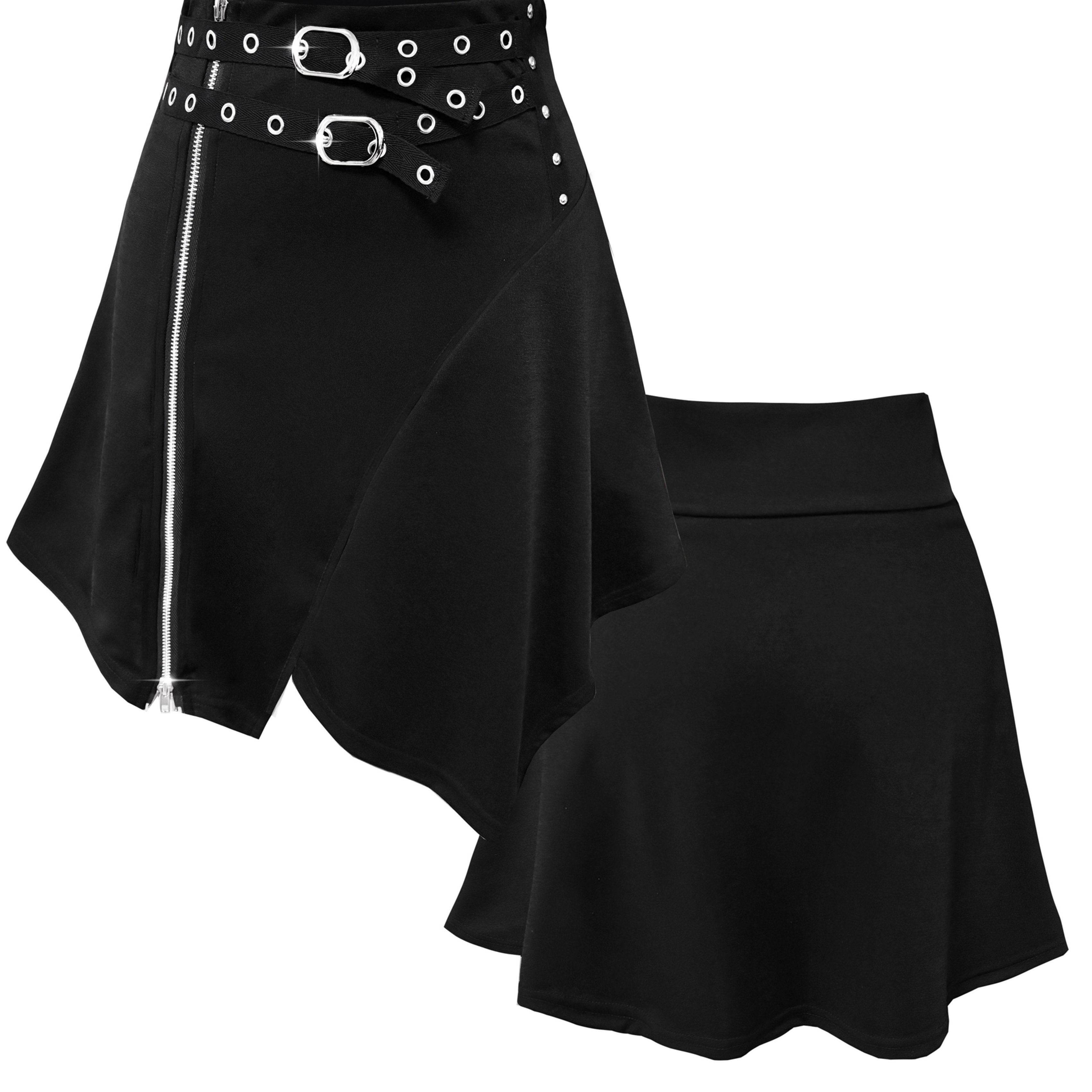 Image of Y2k Metal Zipper Opening Irregular A-line Women's Skirt With 2 Zipper Pulls, Metal Eyelet Trim Fashion Mini Skirt, Gothic Style Pointed Hem Skirt, Versatile Metal Eyelet Trim Fashion Mini Skirt