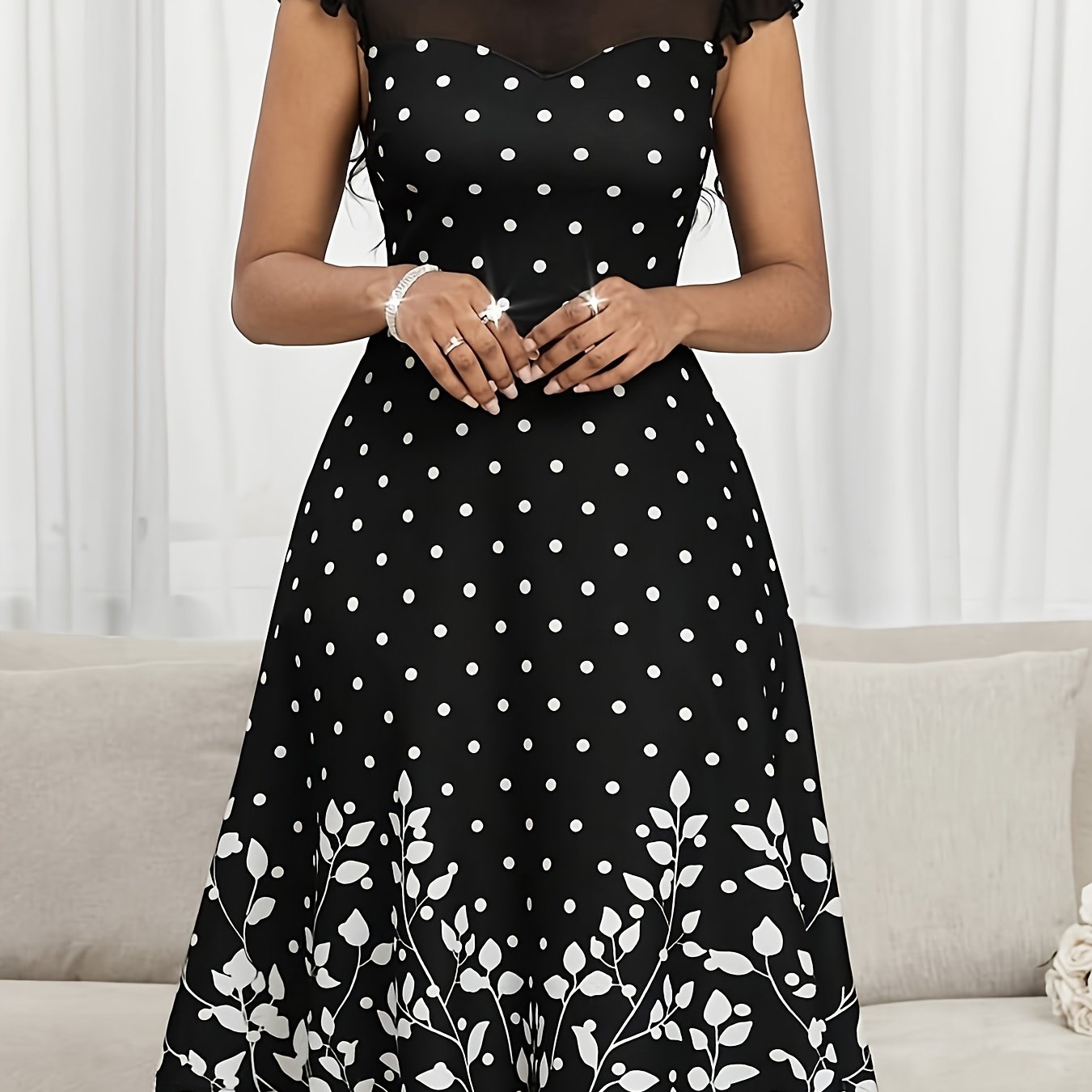 TEMU Women's Summer Elegant Mesh Print Round Neck Dress