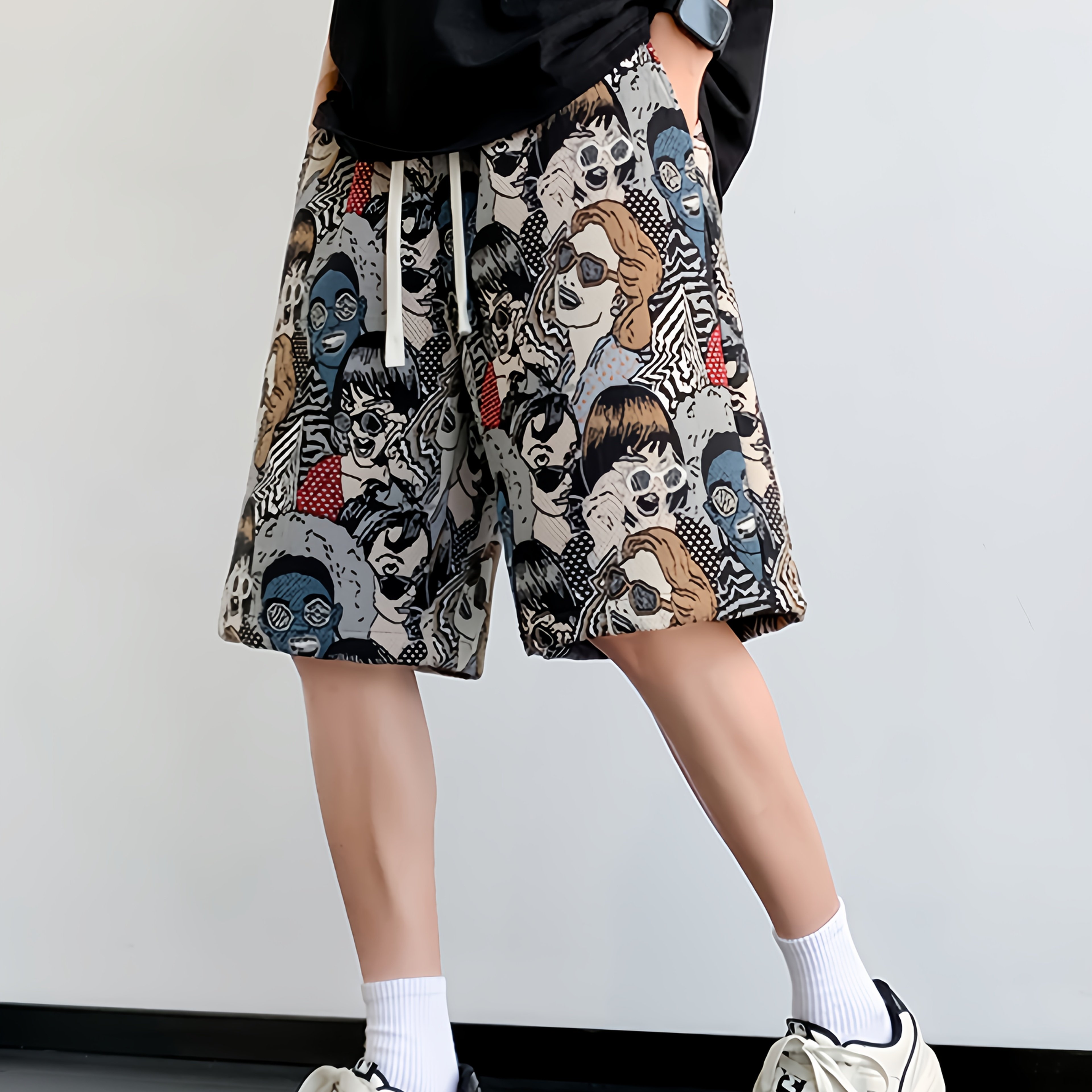 TEMU 夏用薄手メンズパンツ トレンドゆったりストレートショーツ 刺繍デザイン