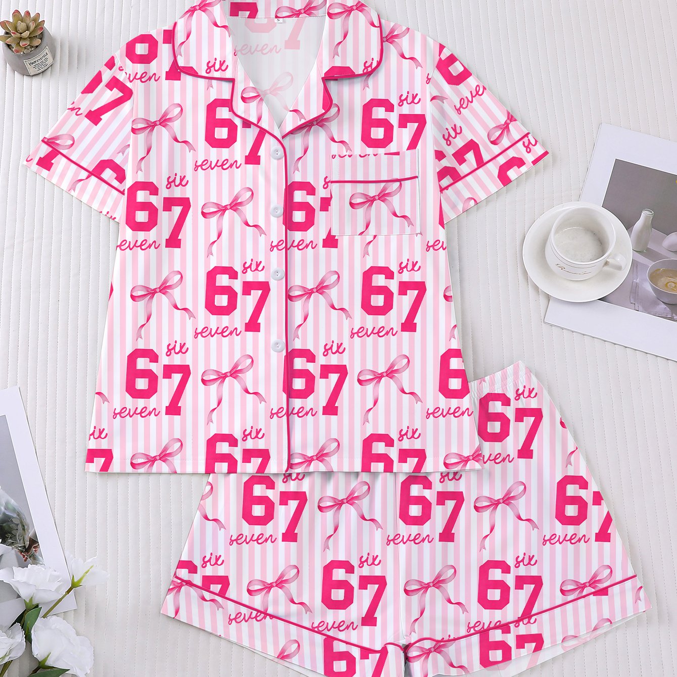 TEMU 2pcs Spring/summer Women's Pajama Set, Pink Striped 67/67 Theme Print, Holiday Outfit, Short-sleeve Lapel Cardigan Top And Loose Elastic Shorts,