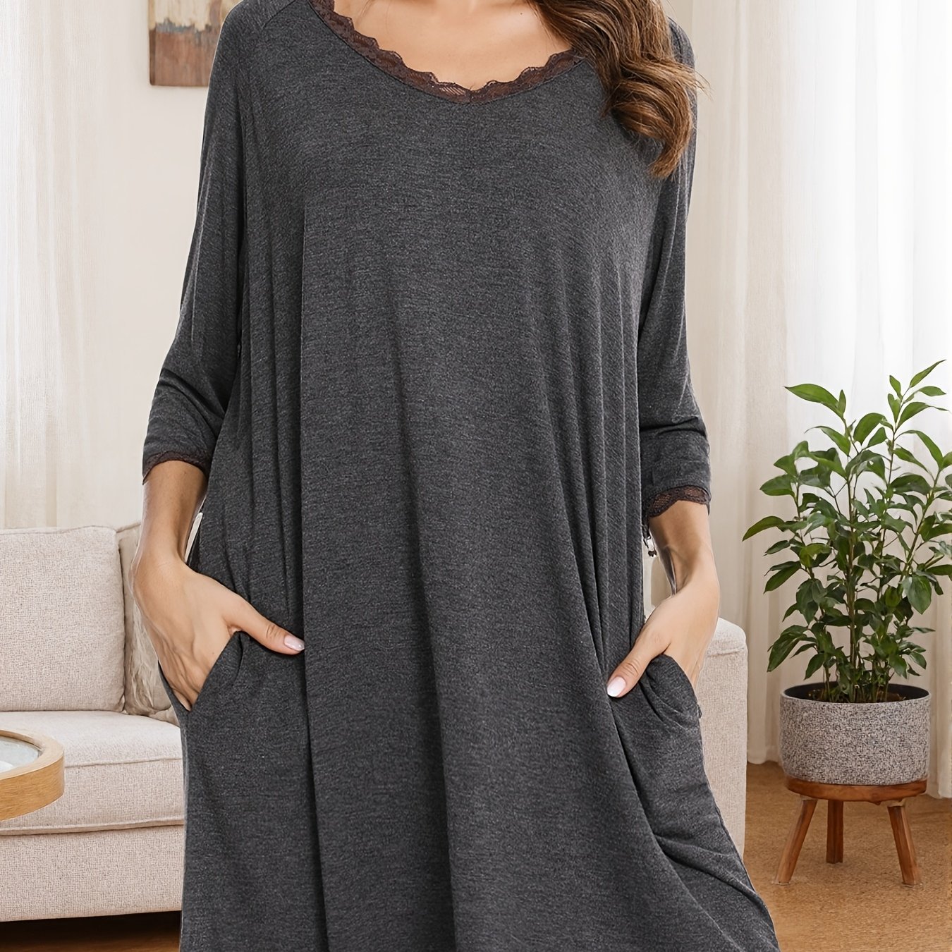 Women's Loose Casual Lace Stitching Nightdress | Solid Color Double Pocket Short Sleeve, Comfortable And Casual Homewear, Crew Neck