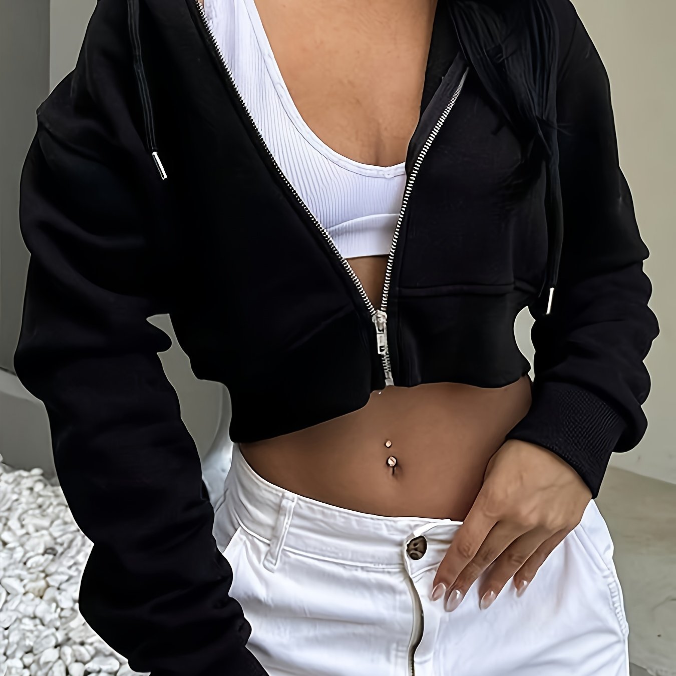 TEMU Women's Fashion Casual Solid -up Hoodie Black Long Sleeve Top