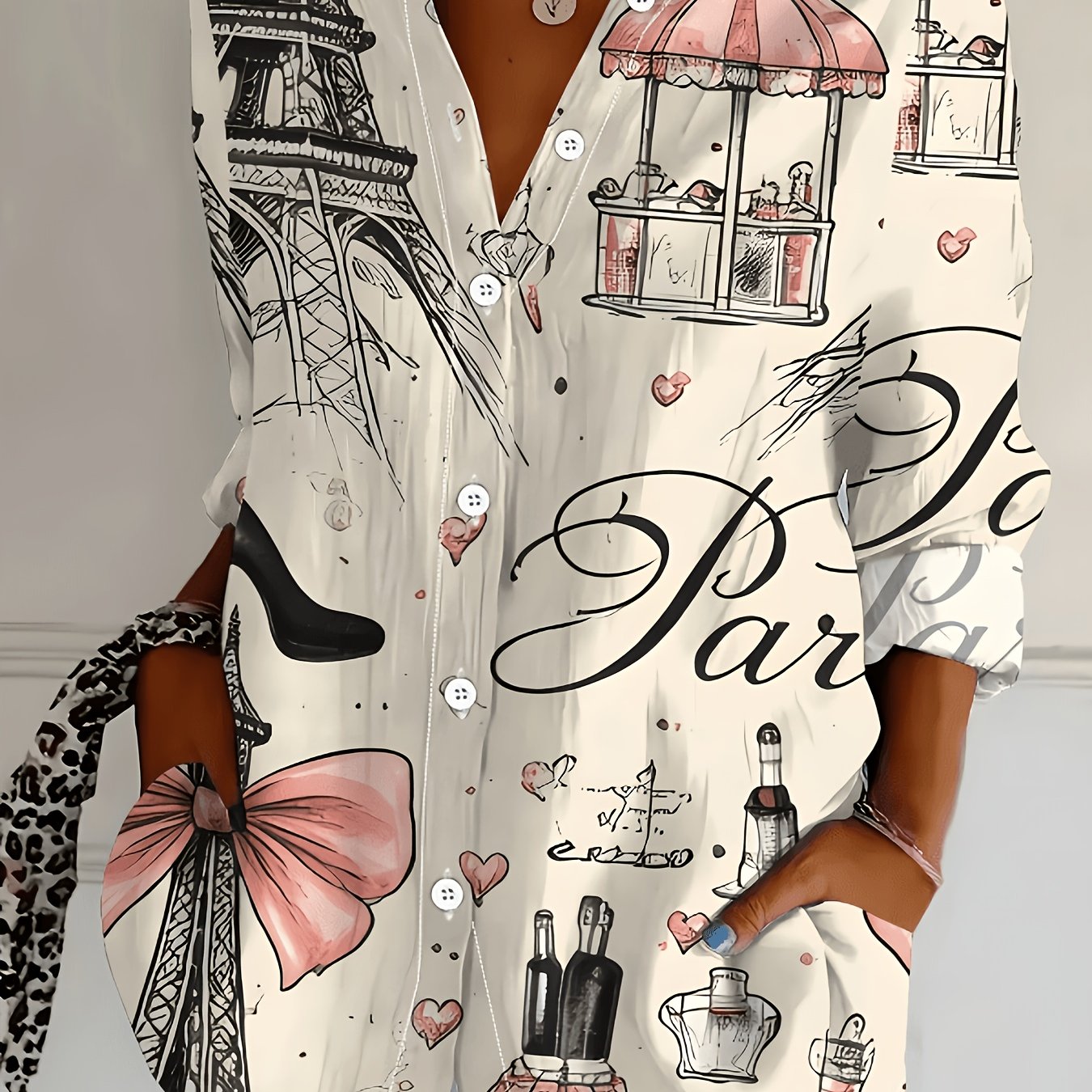 TEMU Elegant Special Edition Women's Printed Shirt - Long Sleeve Button- Shirt With Classic Collar, Suitable For Office, Commuting, Or Formal Events,