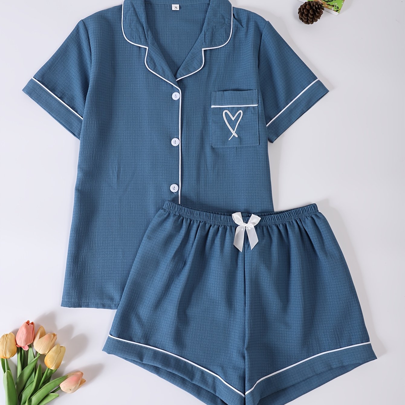 TEMU Women's Fashion Casual Denim Blue Heart Embroidery Pocket Simple Lapel Short Sleeve Shorts Pajama Set