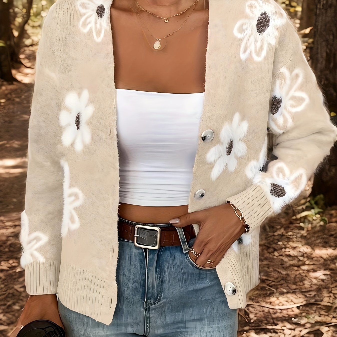 Image of Floral Pattern Button Front Cardigan