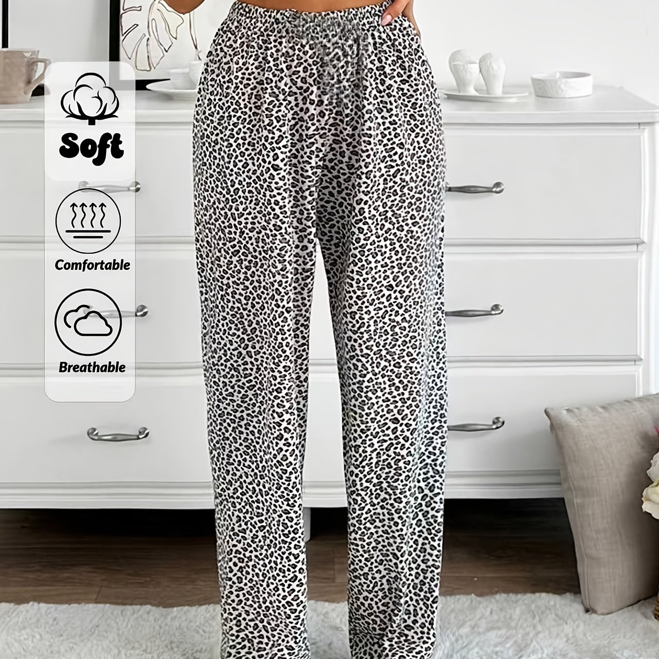 Image of Women's Pants 1pc, Casual Pants, Classic Leopard Print Theme Pants, Use, Loose Comfortable Elastic Waist Pants, Holiday Elegant Women's Wear, , Perfect Gift