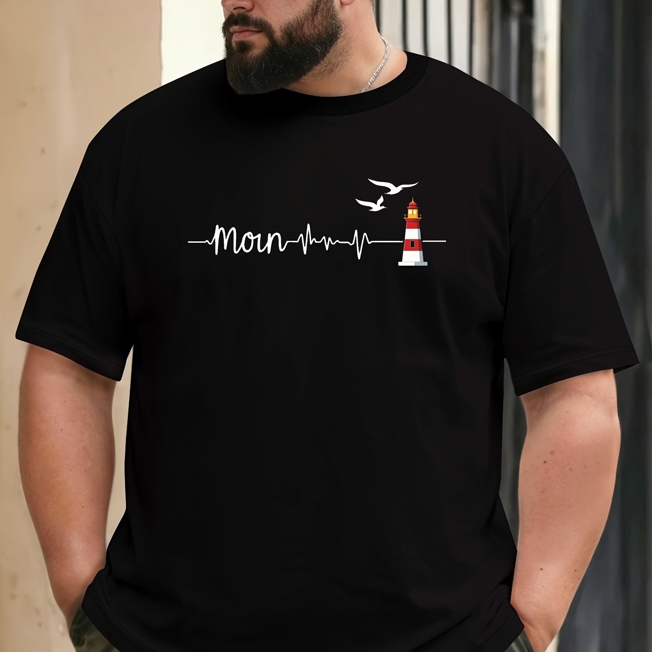 Image of Plus Size Men's Lighthouse Seagull Heartbeat Graphic T-shirt, Casual Urban Style Everyday Summer Tee, Plus Size