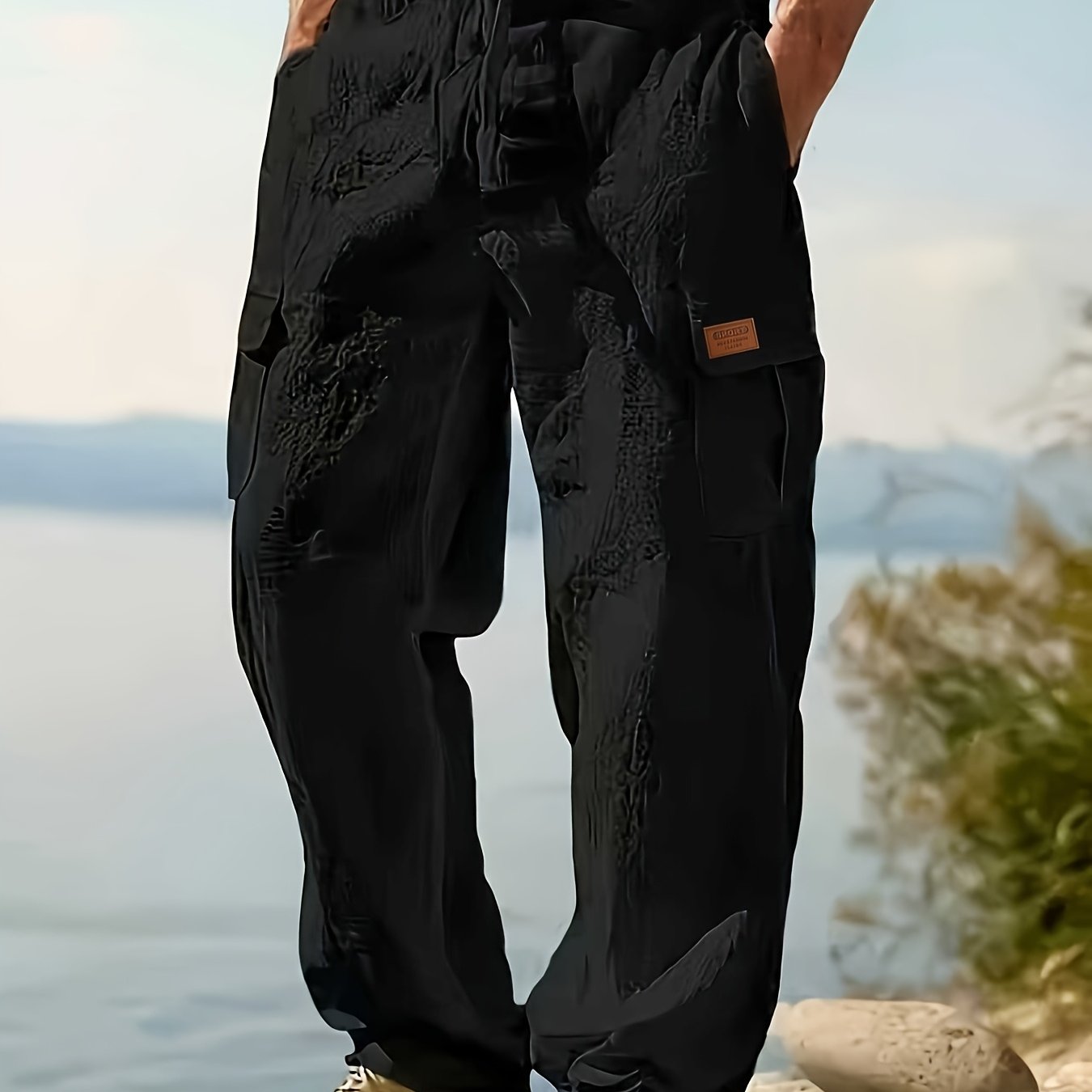 TEMU Men Lakeside Vacation Linen Cargo Pants, Drawstring Multi-pocket Straight Wide Leg Trousers