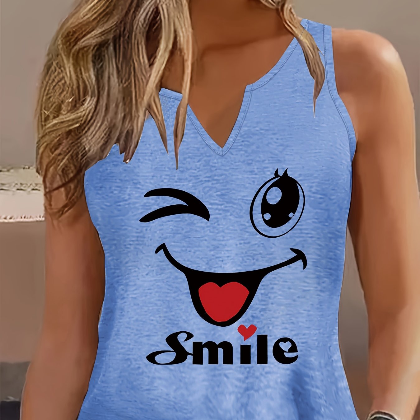 TEMU Letter Print Tank Top, Sleeveless V Neck Casual Top For Summer & Spring, Women's Clothing