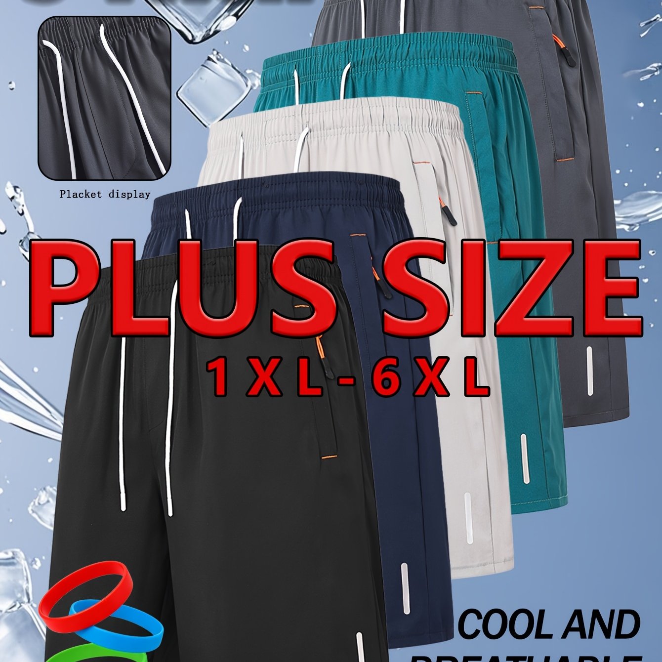 TEMU 5pcs Plus Size, Big And Tall Men's Summer Fashion Shorts, Quick Fitness Running Shorts, Elastic Waist With Drawstring & Hidden Zipper Pockets,