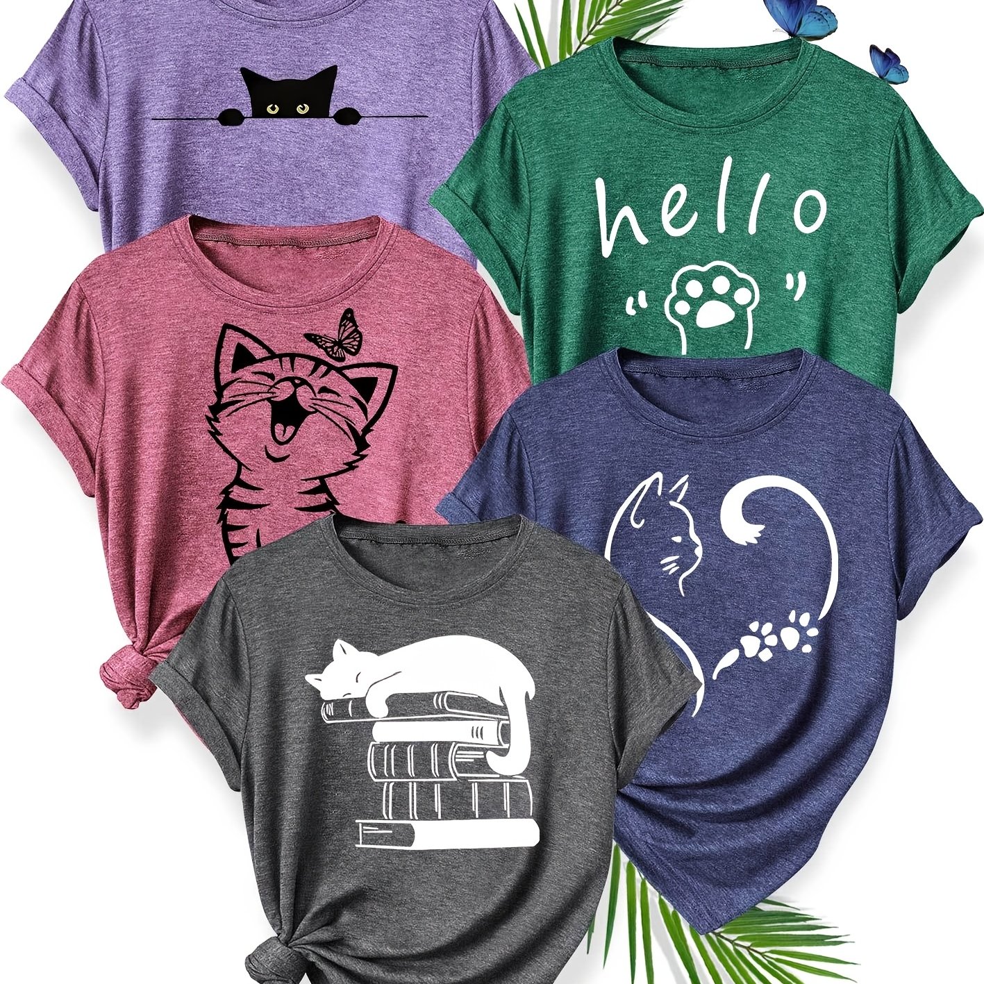 Image of 5pcs Women's Vintage Cat Print T-shirts - Cute Kitten & Heart Patterns Short Sleeve Blouses, S-xxl ( Options) | Casual Round Neck Tees For Layering & Casual Attire | Machine Washable Outfits
