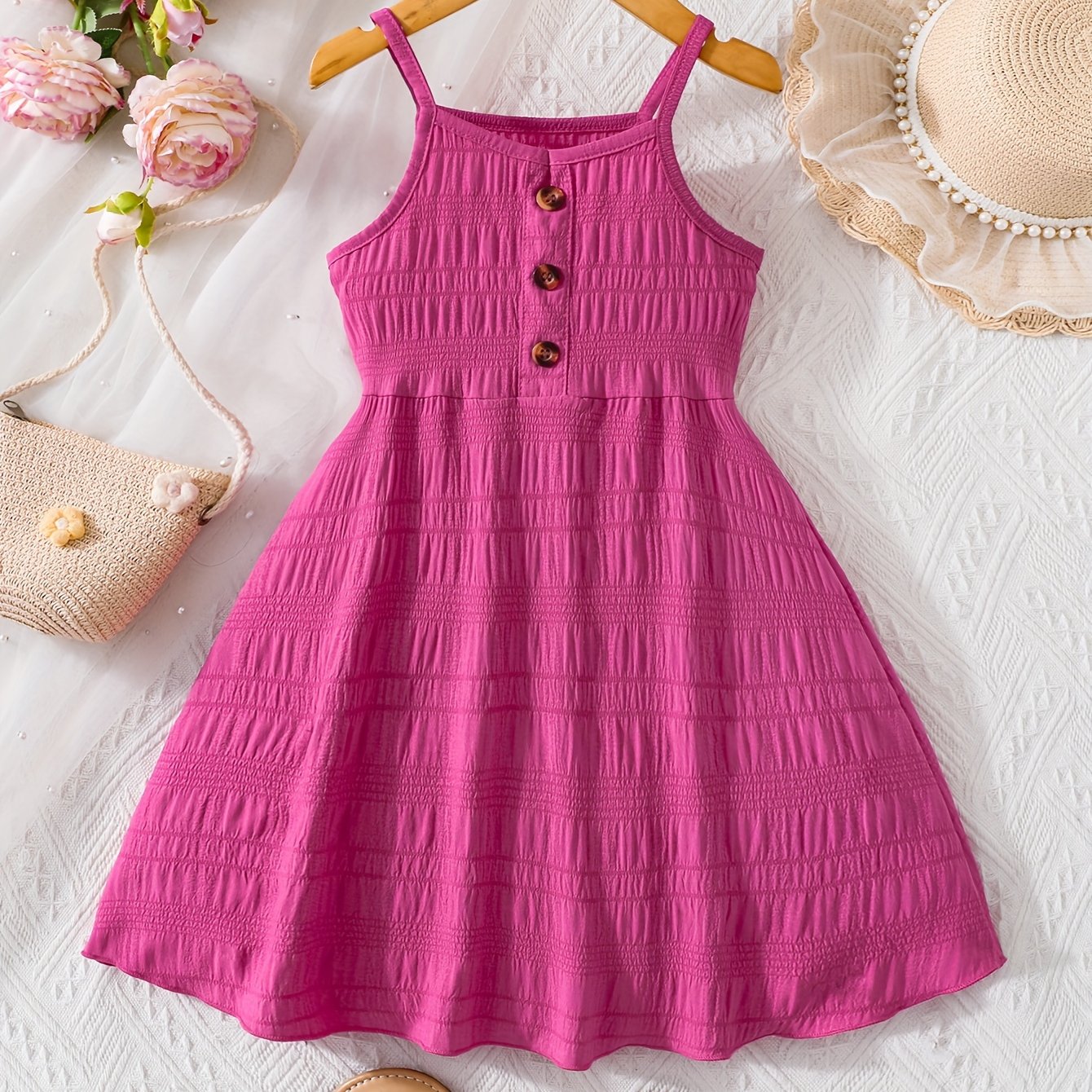 Summer Dress With Thin Straps And Solid Color, With Buttons For