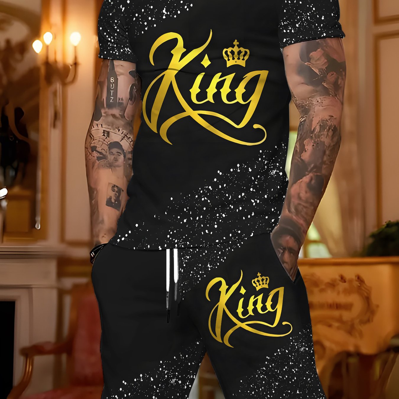 TEMU Men's Streetwear Set - Logo Ink Splatter Print Short Sleeve Top And Drawstring Shorts 2pcs Set