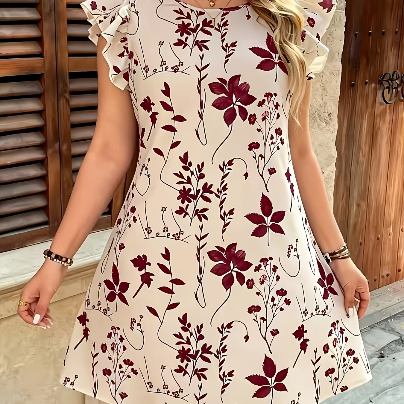 TEMU Robe d'été rouge vin à imprimé floral et ourlet à volants, robe ample style vacances à manches volantes à volants
