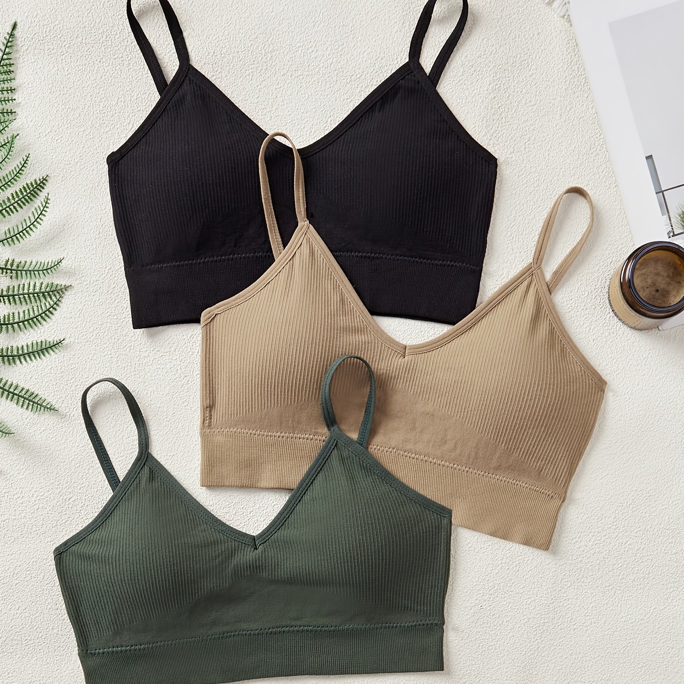 TEMU 3- Seamless Solid-color Ribbed Comfortable Wire-free Bra, U-shaped , Removable Pads, Casual Bra