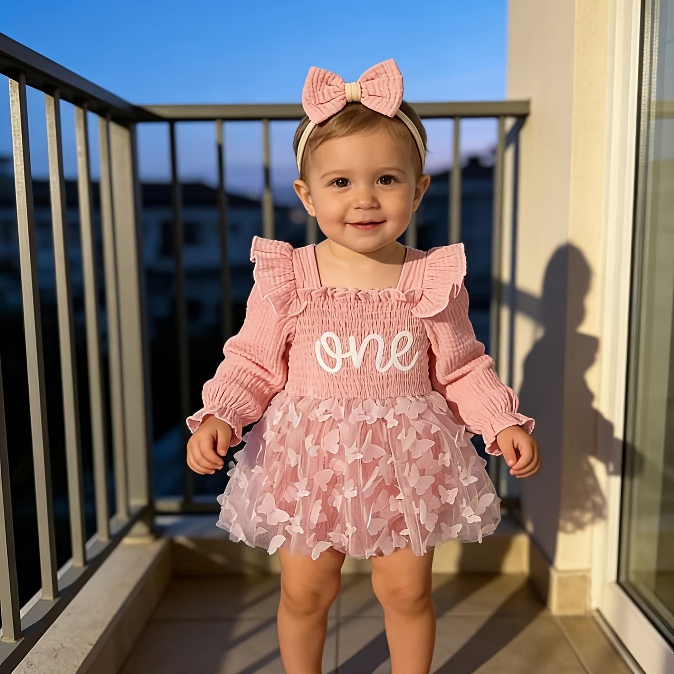 Image of Girls' Elegant Long-sleeved Strapless Ruffle Dress With Tulle Skirt, Towel Embroidery, One+ Tulle With Laser-cut Butterflies