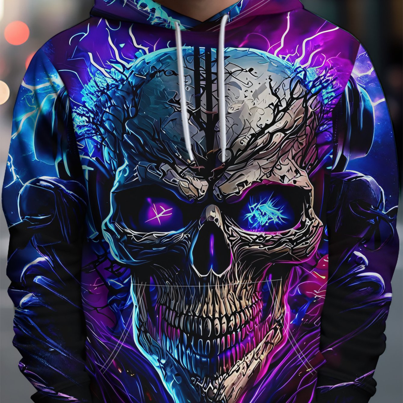 TEMU Men's Individual Style Hooded Sweatshirt With Skull And Headphones, Glowing Eyes And Lightning Surround - Full Street Style, Rich And Artistic