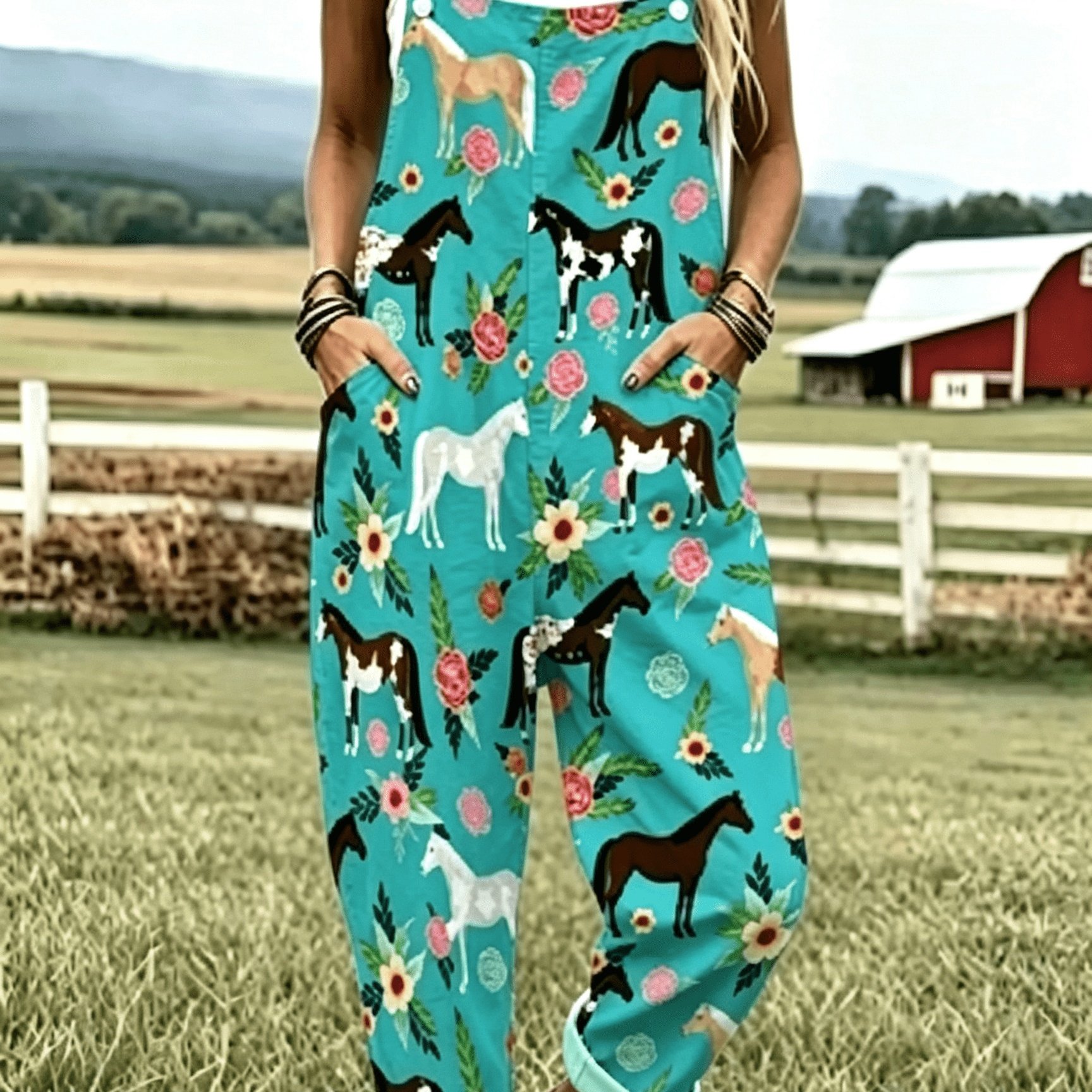 TEMU Women' Print Overalls - Sleeveless Button-front Pants With Pockets | Design | Loose Fit For Spring Summer Fall | Machine Washable Casual Wear