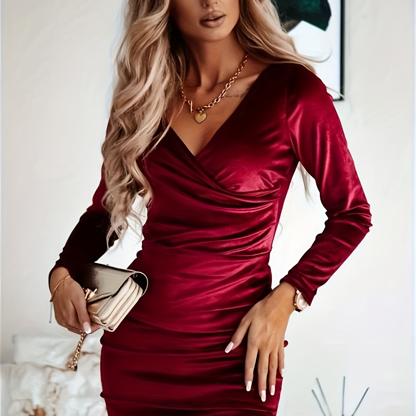 TEMU Abito Corto Bodycon con Scollo a V - Lunghezza Sopra il Ginocchio/Hipster, Maniche Lunghe, , Lavabile in Lavatrice, Completo Elegante per Feste,