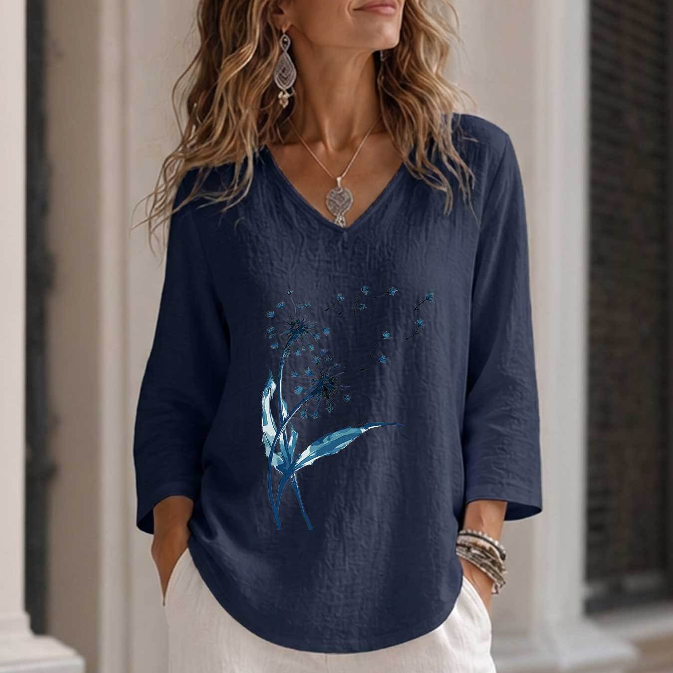 TEMU Spring Summer Casual 's Top, Watercolor Style Dandelion Stem Leaf Print Loose V-neck Three-quarter Sleeve Shirt