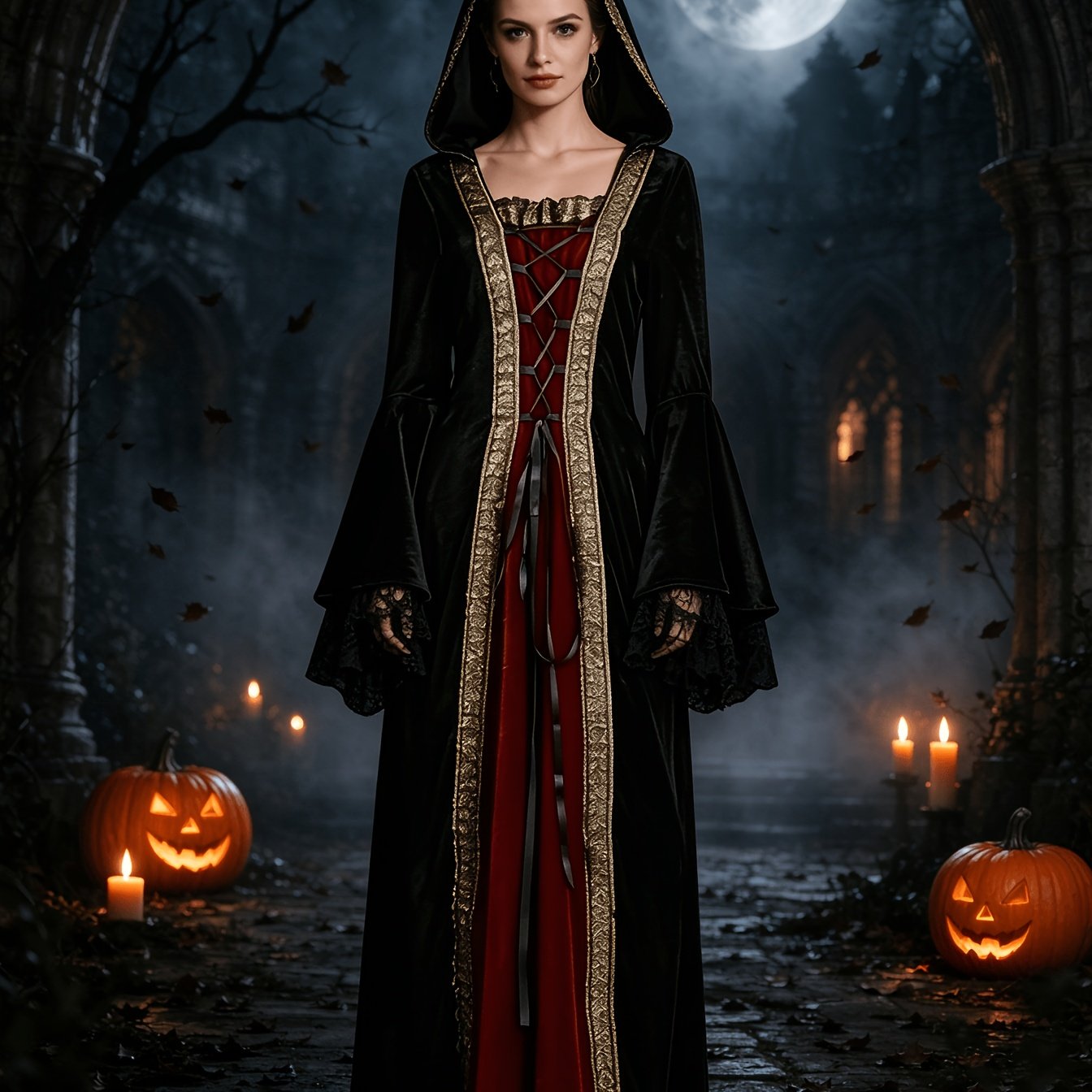 TEMU Vestido Largo Gótico de Terciopelo con Capucha para Mujer, Vestido Largo de Piso con Frontal de Cosplay de Vampiro Renacentista Vintage, Vestido