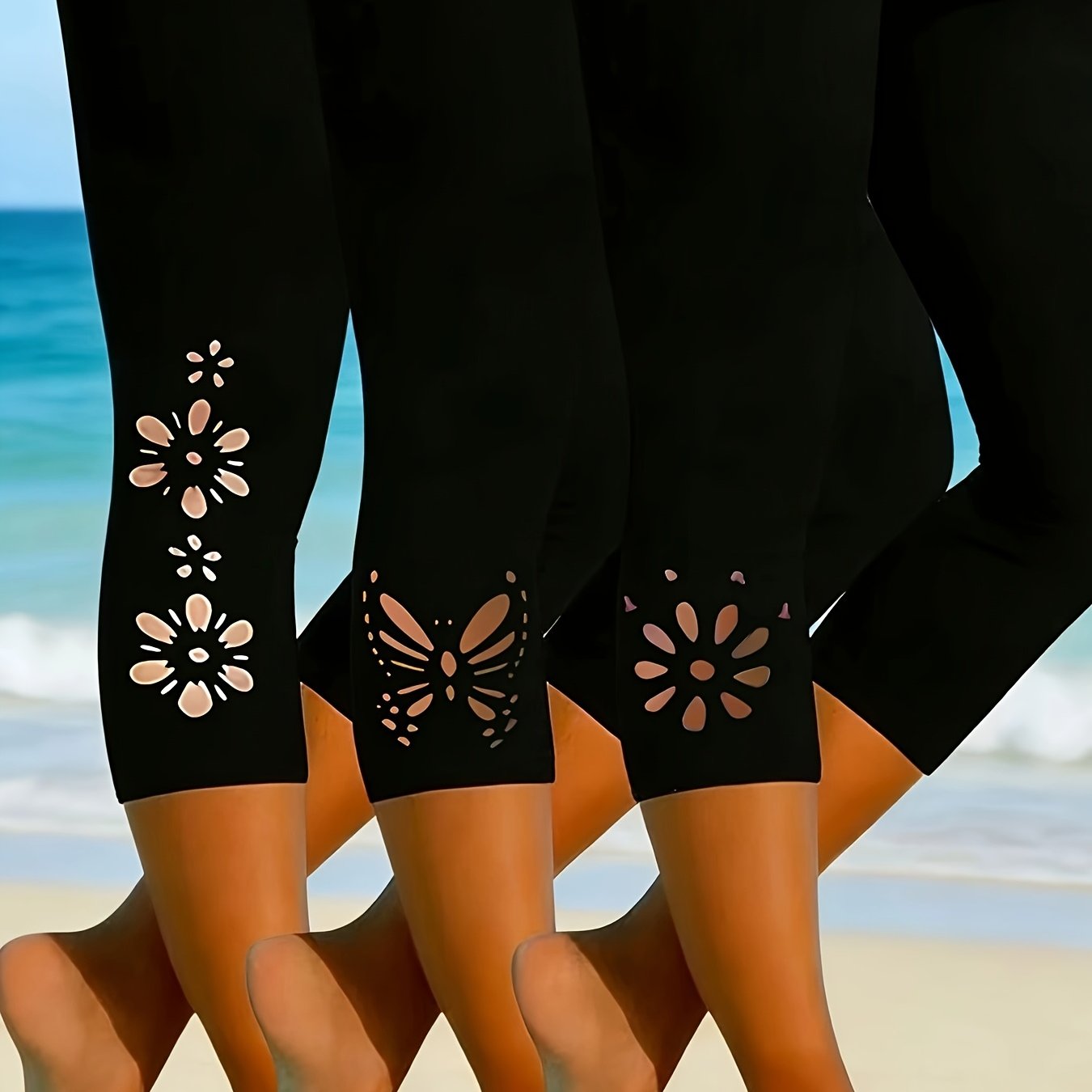 Image of Set Of 3 Women's Capri Leggings, Made From Printed Fabric, -elasticity Tights, Elegant Lightweight Breathable 7/8 Pants