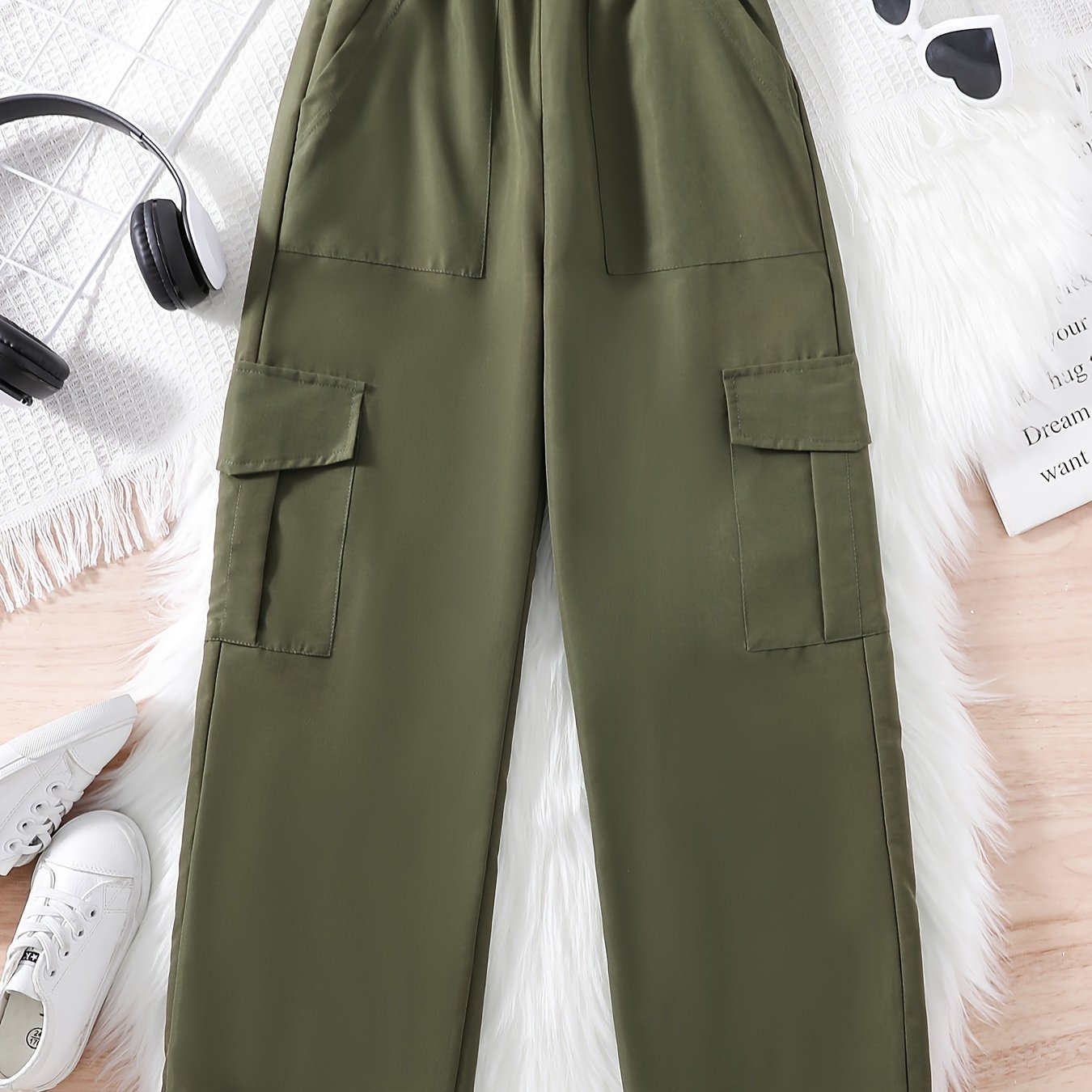 Girls Fashion Solid Cargo Pants High Waisted Pockets Casual - Temu