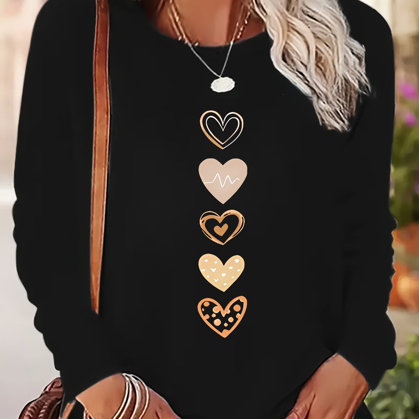 TEMU Women's Casual Long Sleeve Crew Neck T-shirt With Heart Graphic Print, Soft Fabric, Machine Washable, Top, Design Shirt