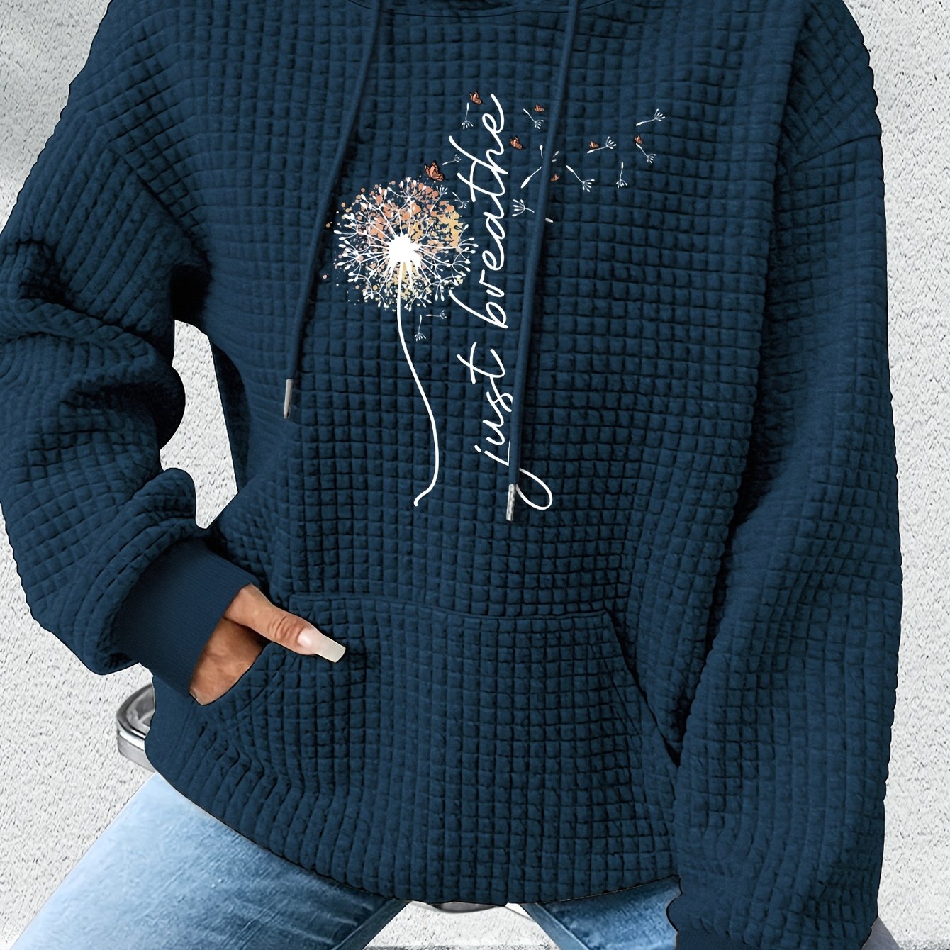Image of Women's Applique Hooded Loose Fit Casual Waffle Sweatshirt Hoodie X4493