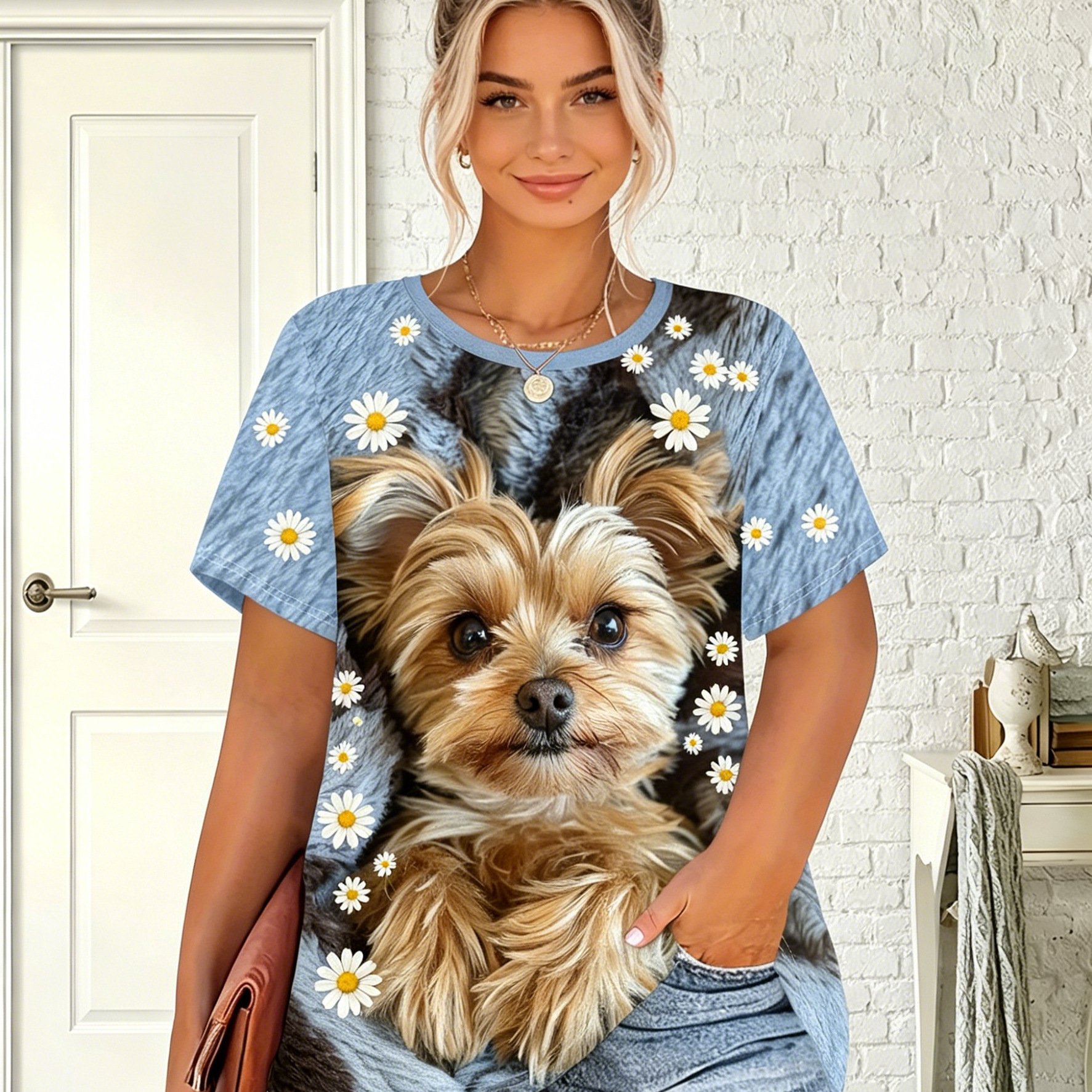 TEMU Plus Size - Flat Print, Soft And Cute Yorkshire Puppy With Big, Eyes, Realistic And Plush Texture, Vintage Blue Short Sleeves Are Breathable And