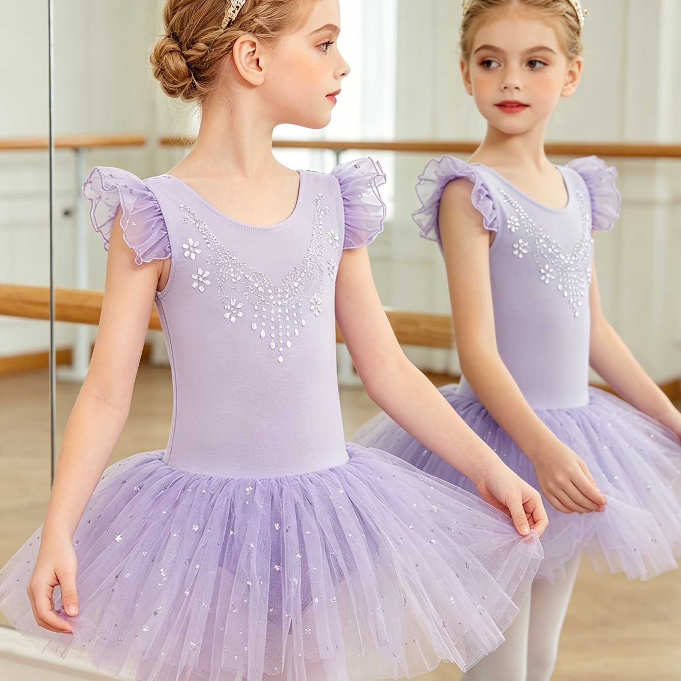 Image of Back-to-school Girls' Solid Color Ruffle Sleeve Ballet Dress Leotard With Sparkly Dance Tutu, For Outdoor