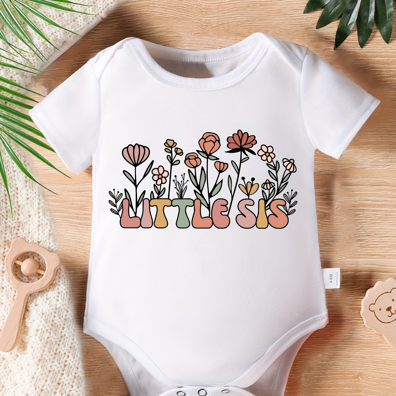 TEMU "" Floral Print Cotton Girl Onesie - Short Sleeve, Crew Neck, , Machine Washable, Girl Clothes, Outdoor