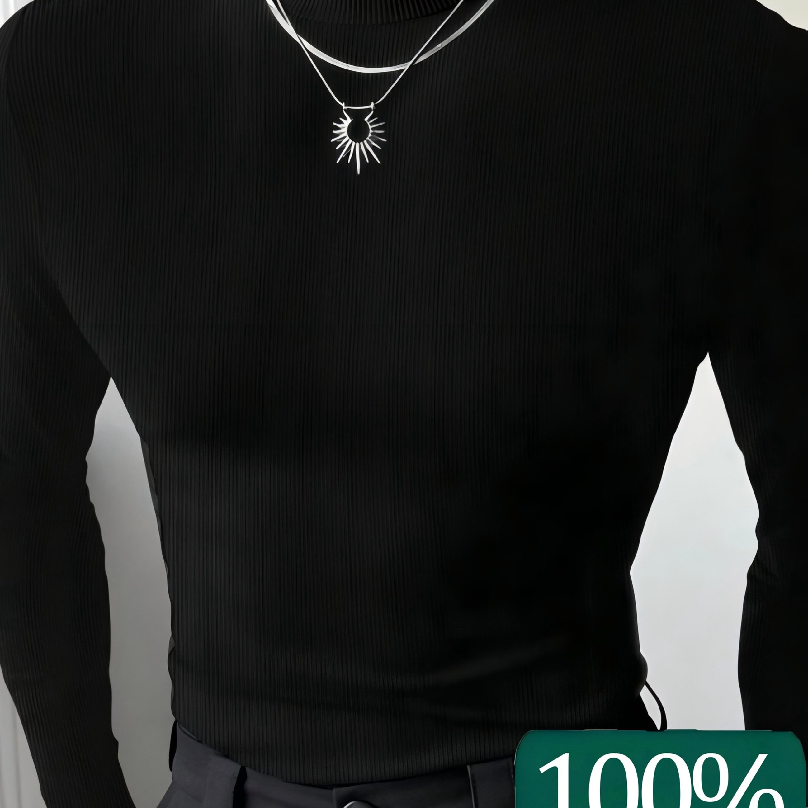 TEMU Men's Casual Solid Color 100% Rayon Ribbed Turtleneck Slim Fit Long Sleeve T-shirt, Suitable For