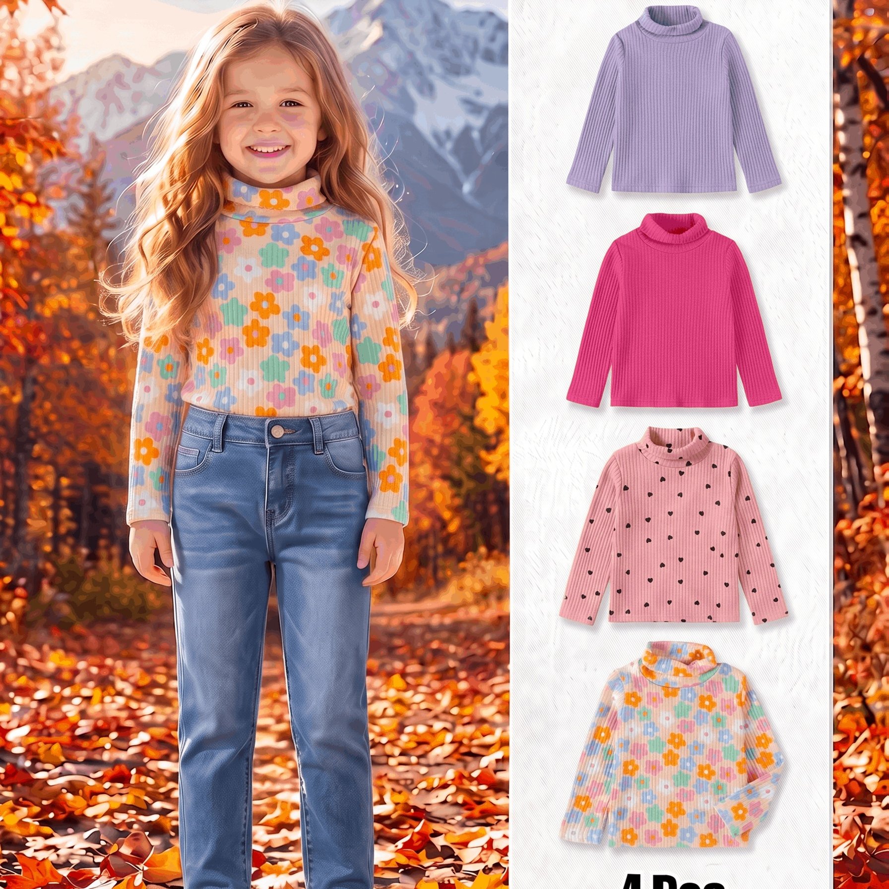 4pcs Girls' High-Neck Stylish Pullover Sweater Set, Autumn/Spring