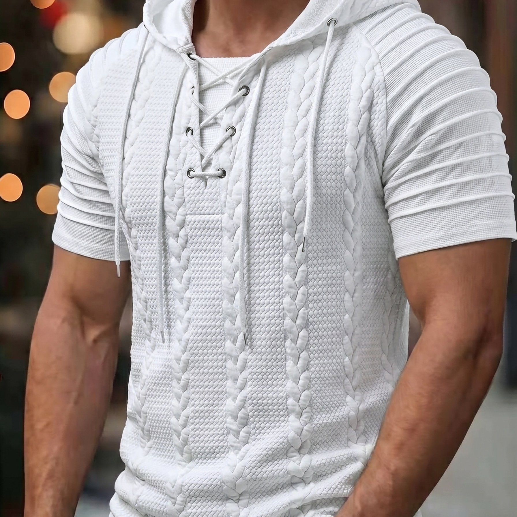 TEMU Royalboy Men's Textured Jacquard Fabric Contrast Color Pleated Ribbed Sleeve Drawstring Design Fashionable Outdoor Casual Hooded Sportswear Top
