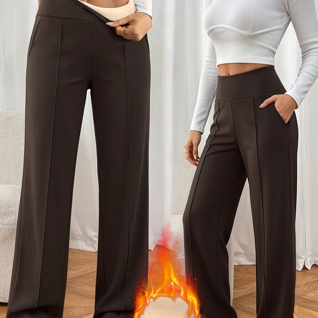TEMU Winter -lined Thickened Women's Stretch High-waist Straight-leg Pants With 2 Pockets, Draped Slim-fit Warm And Comfortable Wide-leg Trousers For