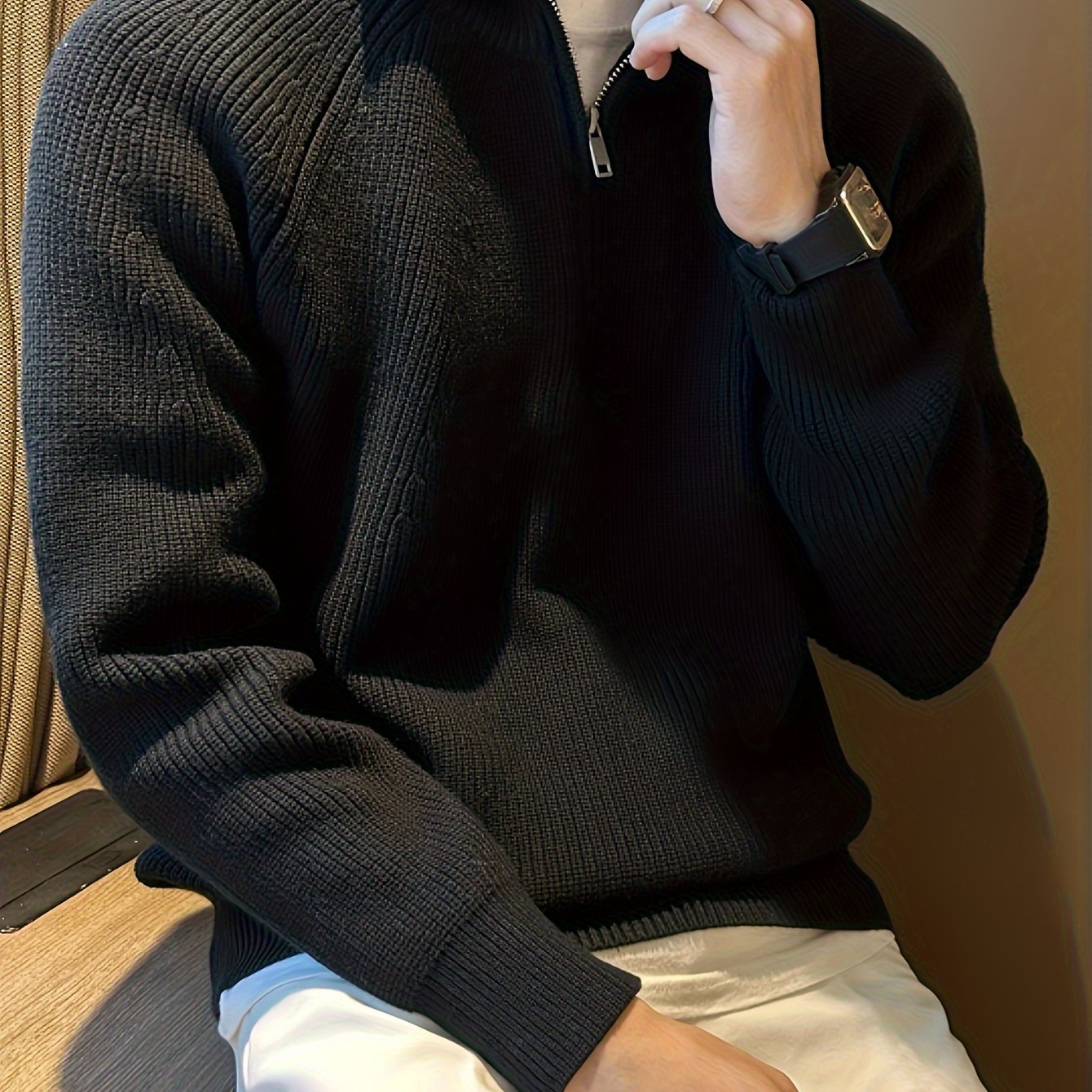 Men's Fashion Solid Color Minimalist Raglan Sleeve Thick Sweater With Zipper Design Autumn Winter Half Zip Knitwear