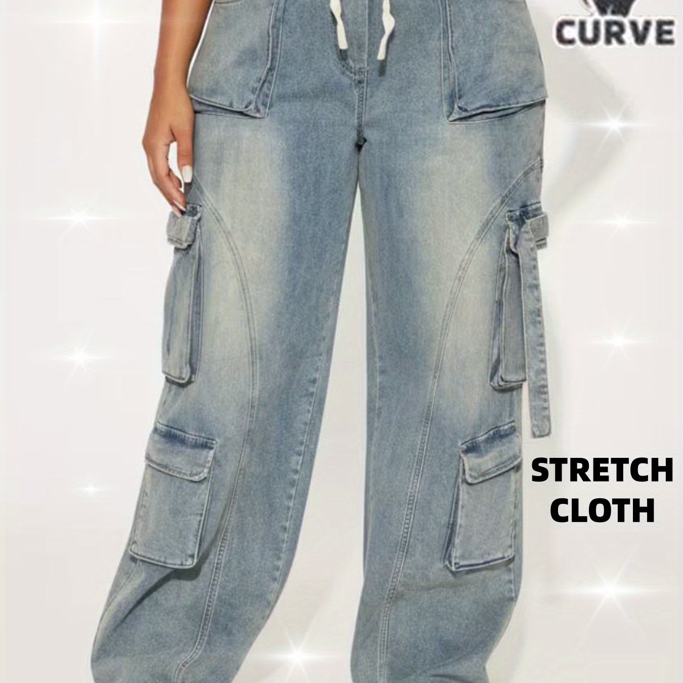 TEMU Large Sized Multi Pocket Waist And Headband With Elastic Drawstring Denim Workwear Pants