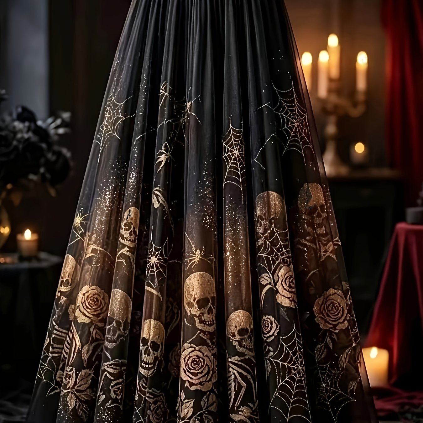 TEMU Women's Gothic Style Halloween Mesh Half-length Skirt, Black A-line Flared Skirt With Skull, Rose, And Spiderweb Print, Elastic High-waist Flowy