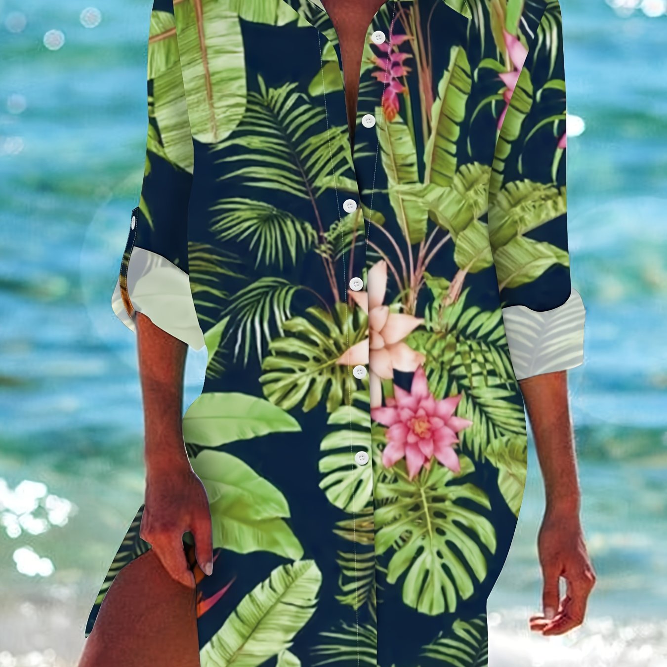 Image of Women's Casual Floral Print Long Sleeve Shirt Dress - Loose Fit, Button-up Collar, Perfect For Beach &