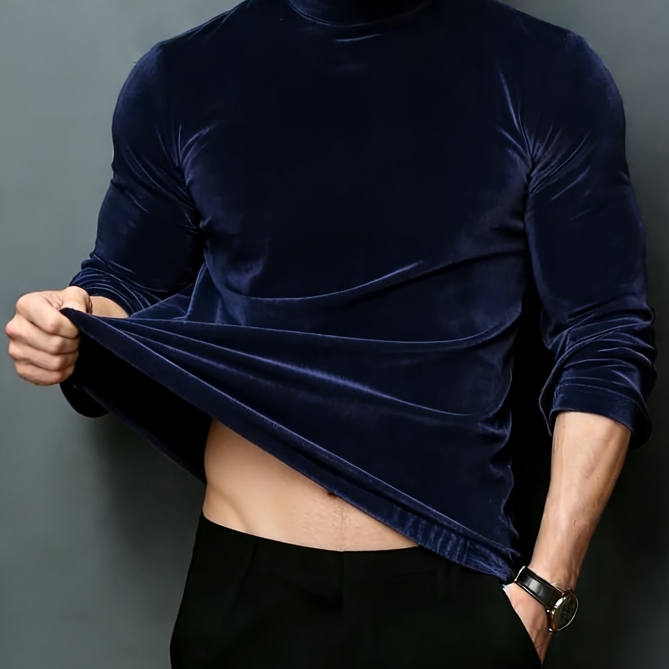TEMU Luxury European-style T-shirt, Semi-high Collar, High-elastic Long Sleeves, Soft And Comfortable, Slim-fit Men's Fashion Top