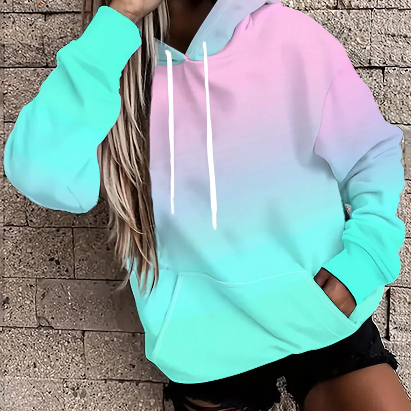 E-shop Modischer, lockerer Damen-Hoodie im Streetstyle, Rosa-Blau-Gradient, weicher Hintergrund - Stretch, einfach zu tragen, Kontrastdesign, locker,