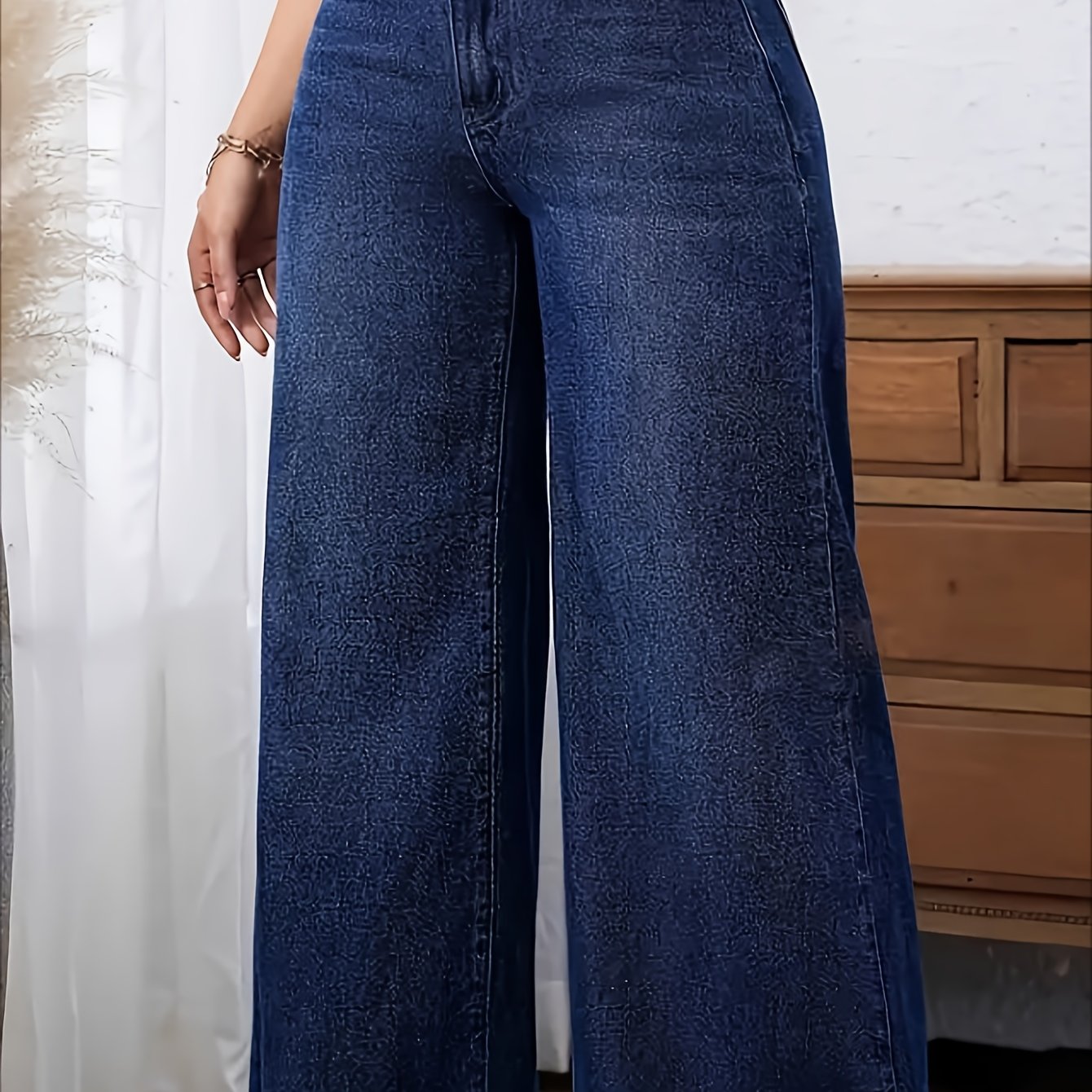 TEMU 1pc Dark Blue Women's Plus Size Straight-leg Denim Jeans Casual Stretch Denim Jeans