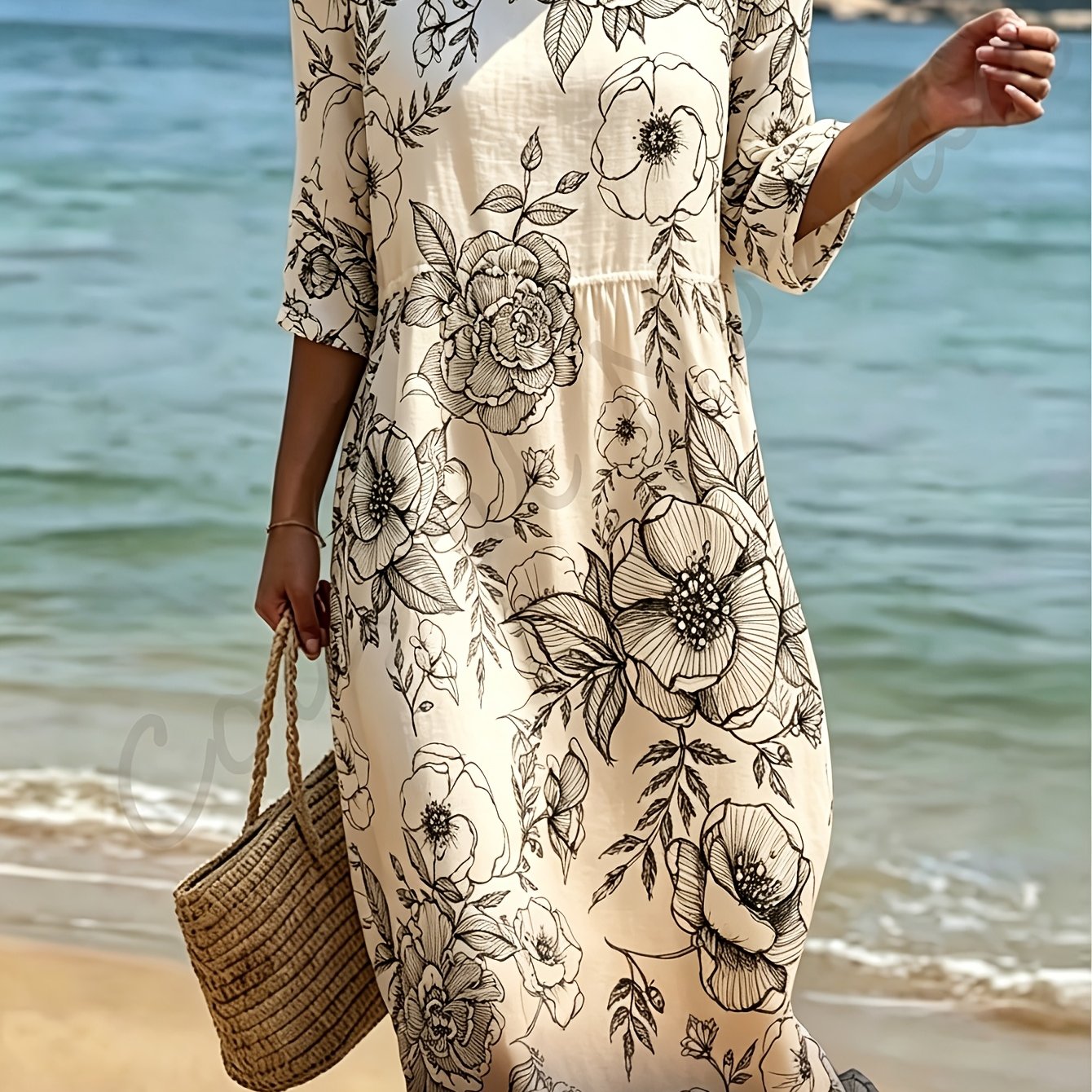 Image of Women's Summer Beach Dress, Round Neck, Three-quarter Sleeves, Made Of Fabric, Machine Washable, Loose And Comfortable, Printed Pattern, Elegant And Gentle . Sizes Run Large