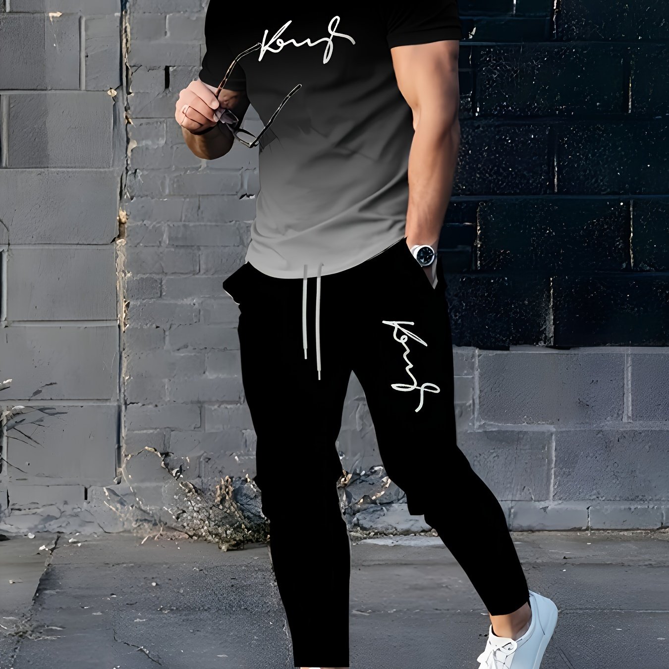 TEMU 1set Italy 3d Print Gradient Black & White Men's Casual Sportswear Set, Polyester Knit Fabric, Round Neck, Regular Fit, Micro-, For Spring/autumn - Outdoor Leisure Ensemble