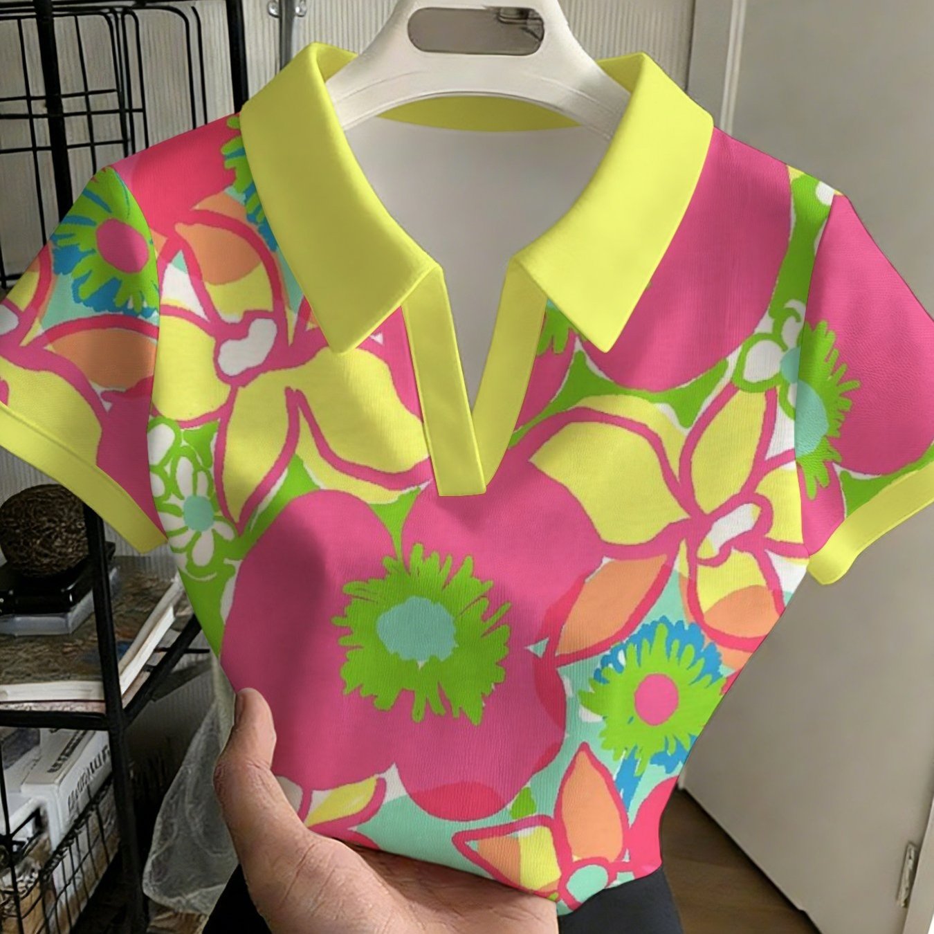 TEMU Haut d'été vintage pour femme à manches courtes et , à imprimé floral large et color-block fluorescent, de la dopamine, élégant, en tissu fibre