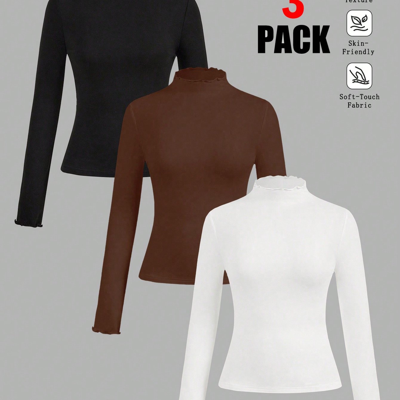 TEMU Plus Size, Three-piece Casual Solid Color Slim-fit High Neck Long Sleeve T-shirt Set, Suitable For Warm Autumn And Winter Wear