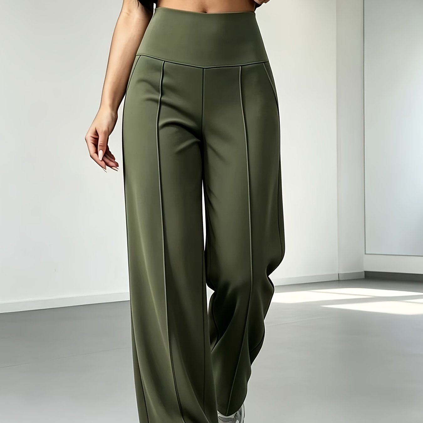 TEMU Pantalones deportivos holgados de pierna ancha para mujer, popular, cintura elástica , costura frontal, diseño de bolsillos , pantalones